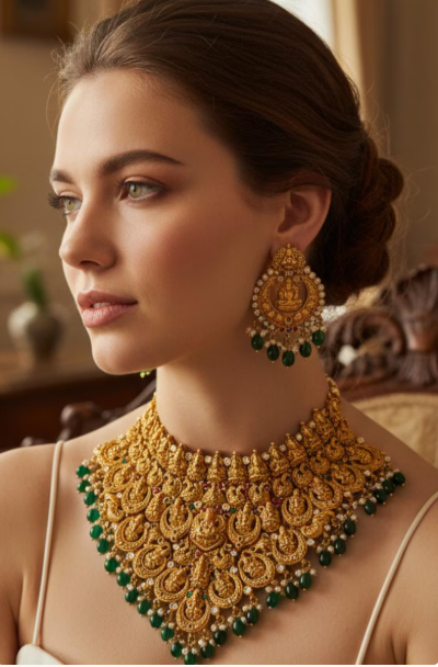 Antique Finish Lakshmi Temple Necklace Set | Traditional Bridal Jewellery | Temple Jewellery | Antique Gold Plated Alloy | DGE Fashion Jewellery