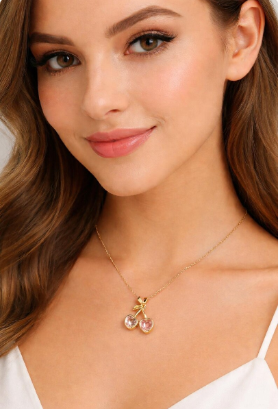18K Gold Plated Cherry Pendant Crystal Necklace for Women | Cute Korean Style Jewelry | Necklaces | DGE Fashion Jewellery