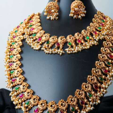 Antique Gold Peacock Design Necklace Set with Ruby, Emerald and Pearl Drops
